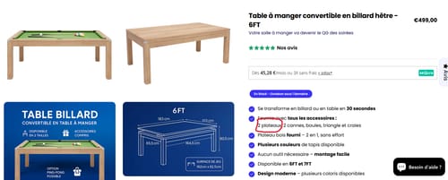 Customer photo review of Table à manger convertible en billard hêtre - 6FT