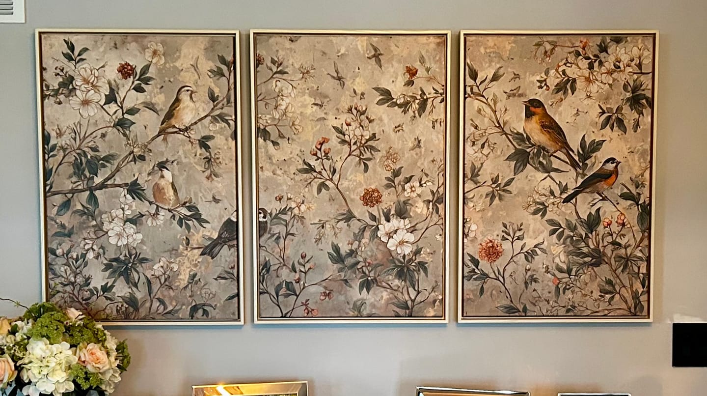 Customer photo review of Vintage Birds and Flowers Wall Art Canvas Print, Botanical Bird Painting Canvas Print, Floral Garden Bird Artwork Canvas Print,