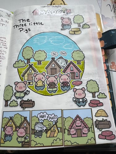 A customer's planner decorated with cute 'Three Little Pigs' themed stickers from their Ultimate Subscription.