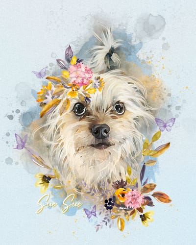 Customer's beautiful Custom Portrait Wall Art of their dog in a watercolor style, adorned with flowers and butterflies.