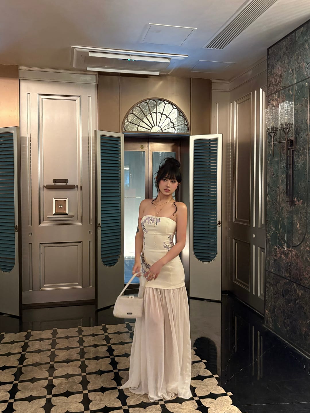 Customer photo review of Hydrae Strapless Embroidered Mesh Panel Maxi Dress