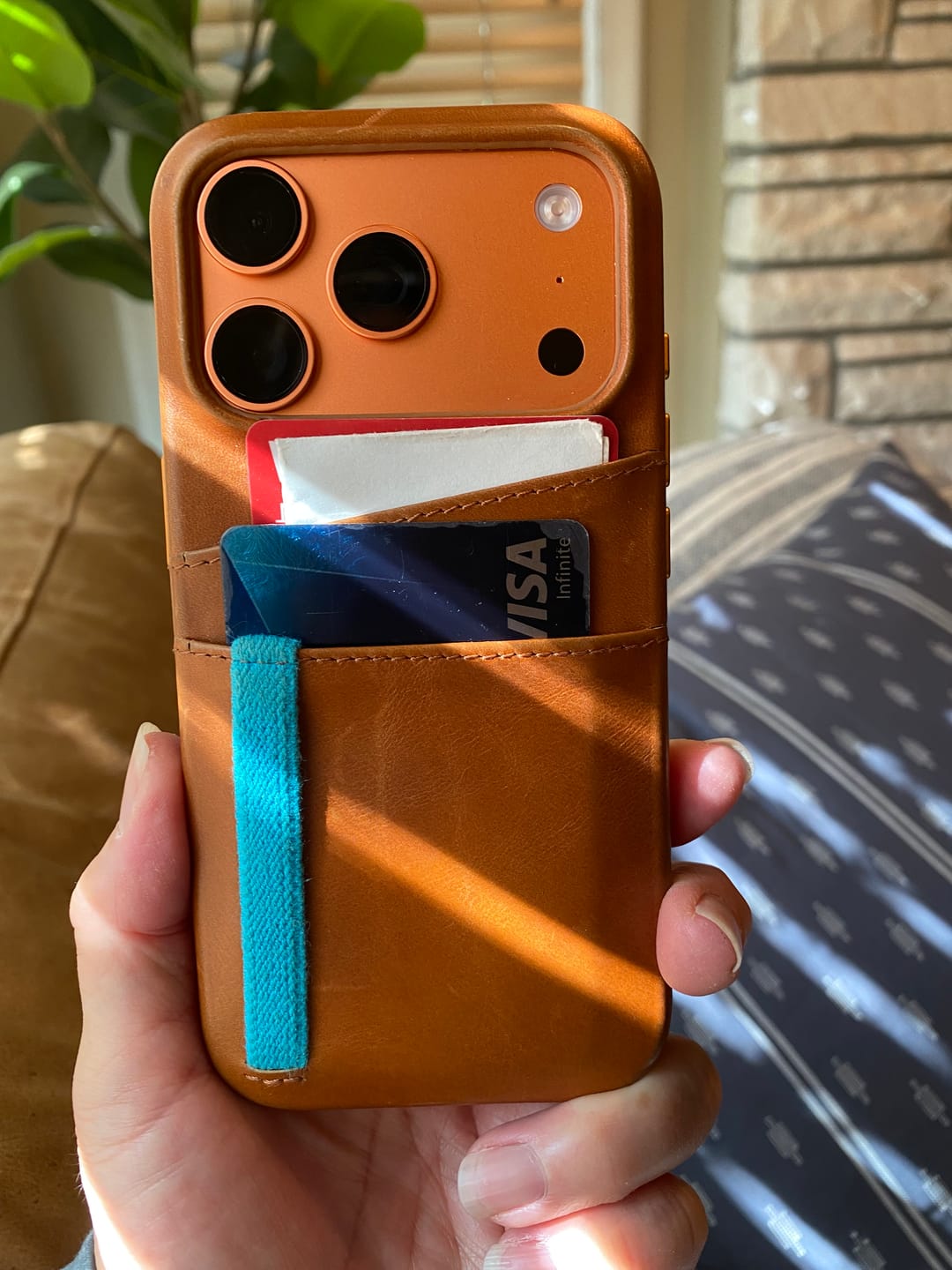 Customer photo review of Leather iPhone 17 Pro Card Holder Case - Saddle Tan
