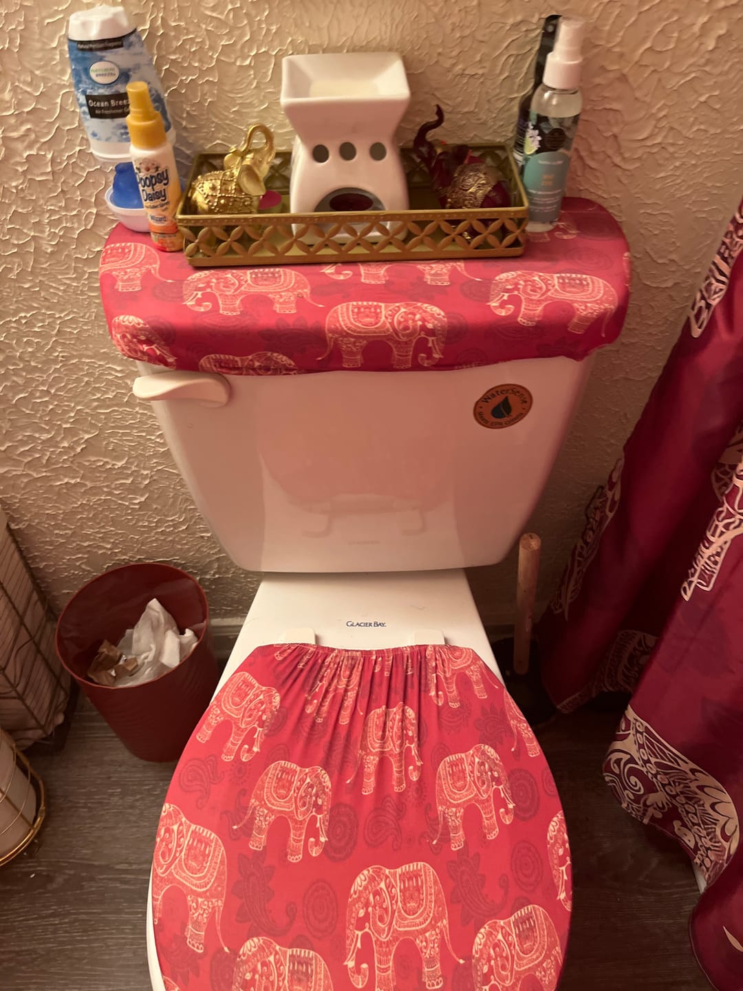 Customer photo review of Gold And Red Boho Elephant Print Toilet Lid And Tank Cover Set