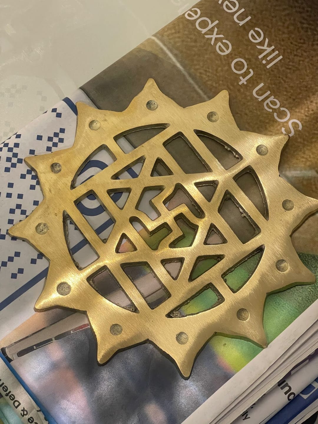 Customer photo review of Brass Swastik with Lotus Helix (Kamal Satya) – Vastu Remedy for Main Door Protection | Evil Eye & Positive Energy Shield | Kitchen/Entrance Placement | 6 x 6 Inch