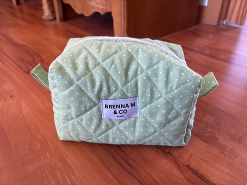 Customer photo review of Green & White Polka Dot Quilted Makeup Bag