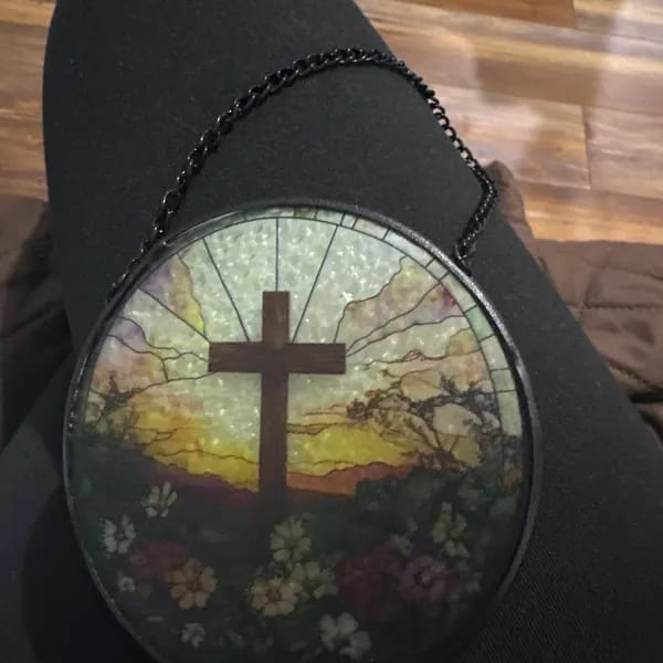 Customer photo review of Stained Glass Cross with Wildflowers Suncatcher, Christian Window Decor, Religious Faith Gift, Floral Hanging Ornament