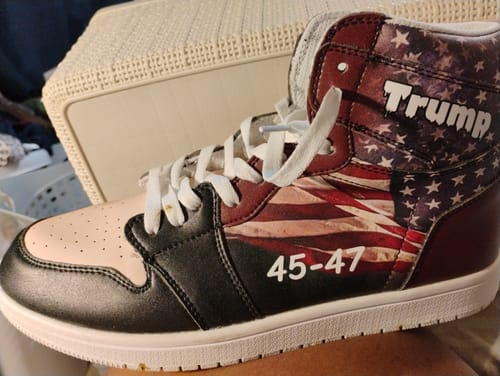 Customer photo review of AJ1-Inspired High Top Patriotic Sneakers | Custom USA Flag Shoes with Name, Logo | American Theme Gift for Events, Corporate, Teams | AJ1H-24020038