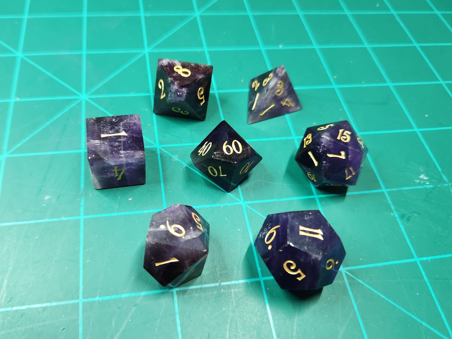 Customer photo review of URWizards D&D Amethyst Gemstone Engraved Dice Set