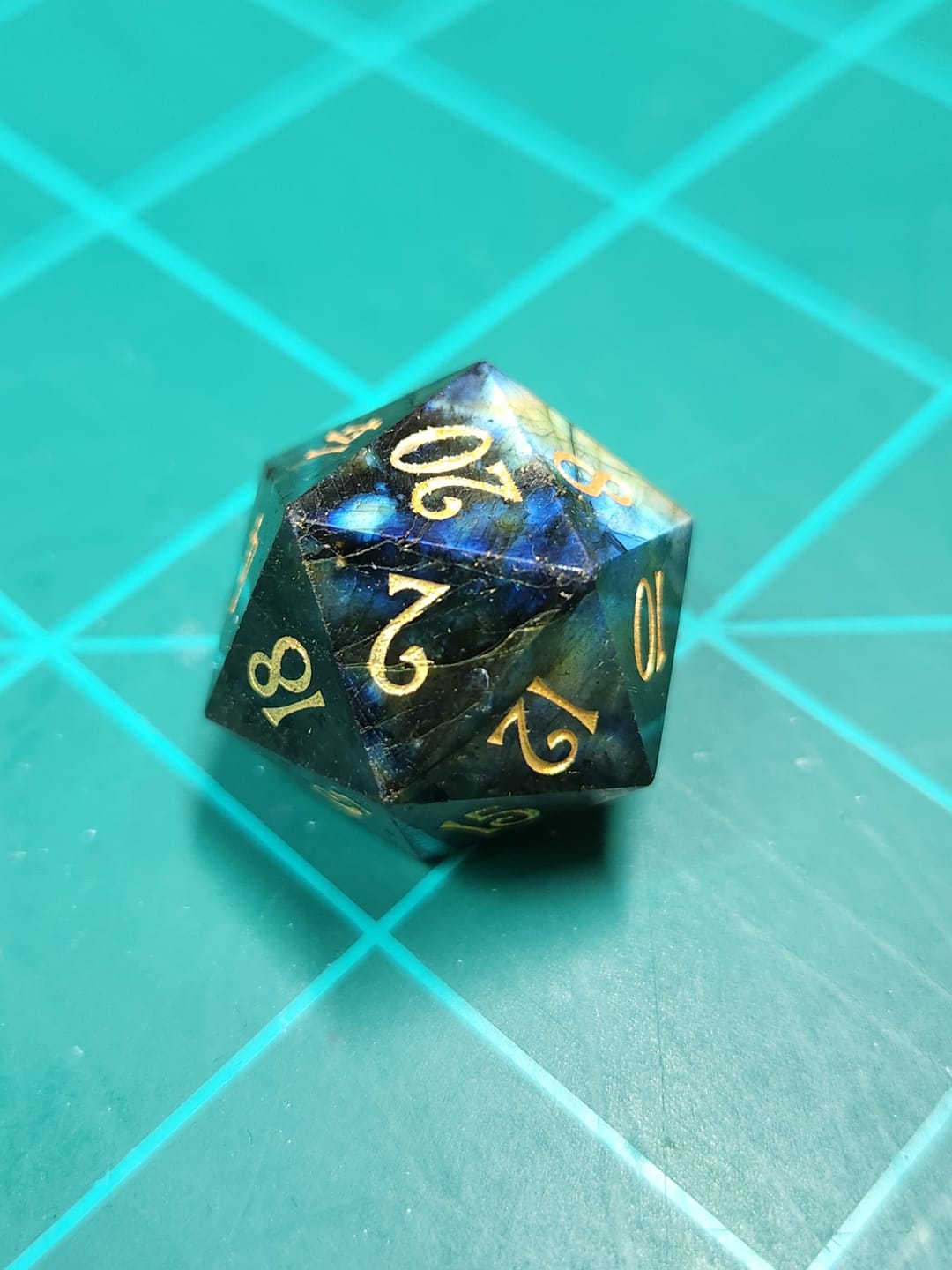Customer photo review of URWizards D&D Labradorite Gemstone Engraved Dice Set