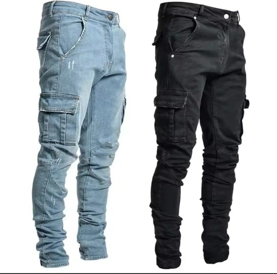 Customer photo review of Street Elastic Jeans Men Denim Cargo Pants Wash Solid Color Multi Pockets Casual Mid Waist Trousers Slim Fit Daily Wear Joggers