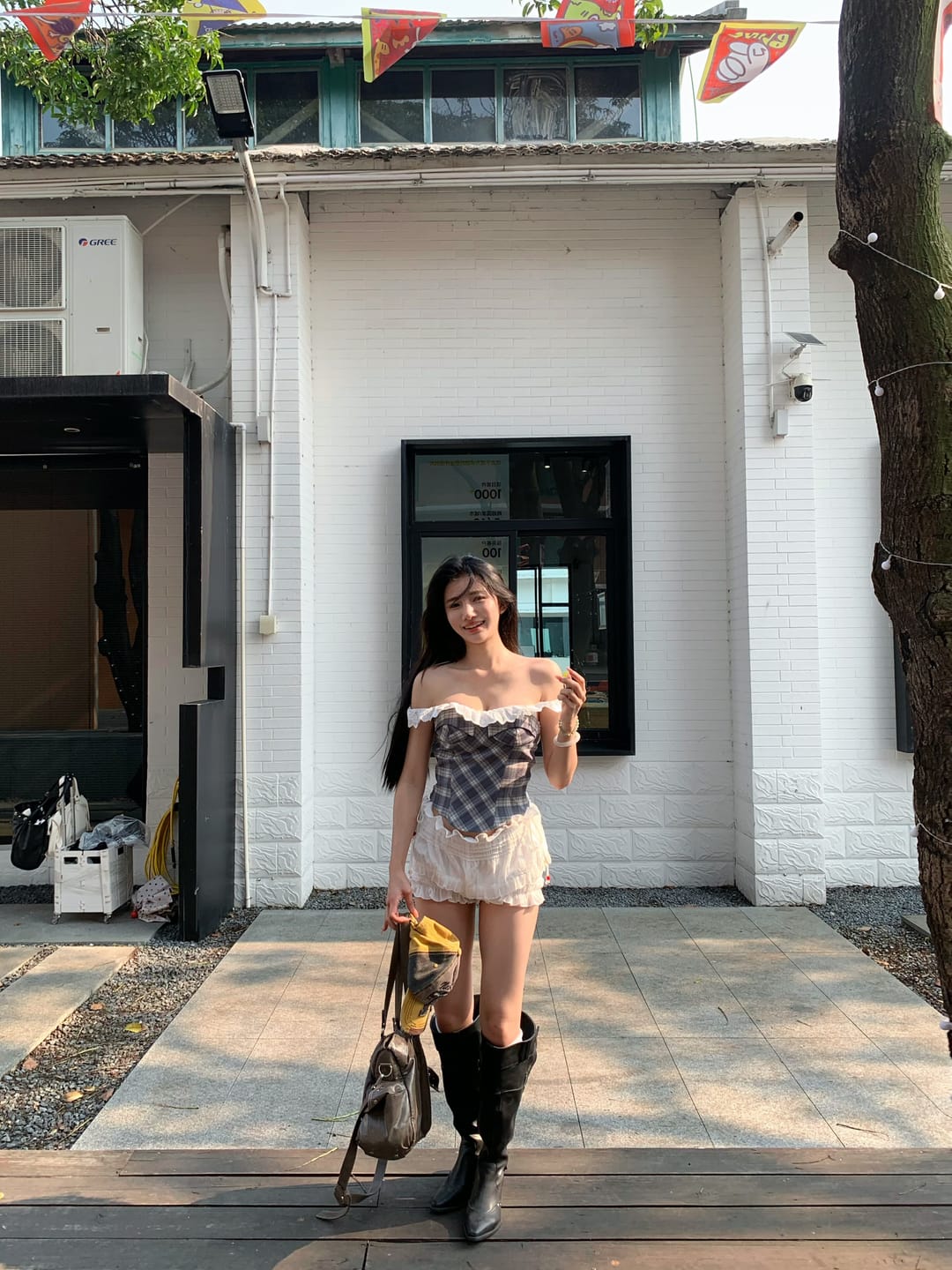 Customer photo review of WARDEN EDGE Off Shoulder Plaid Corset Top Lace Trim Structured Bustier
