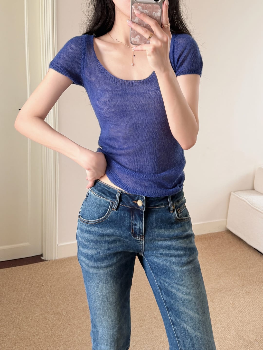 Customer photo review of IAMXIAA Sheer Knit Scoop Neck Fitted Tee
