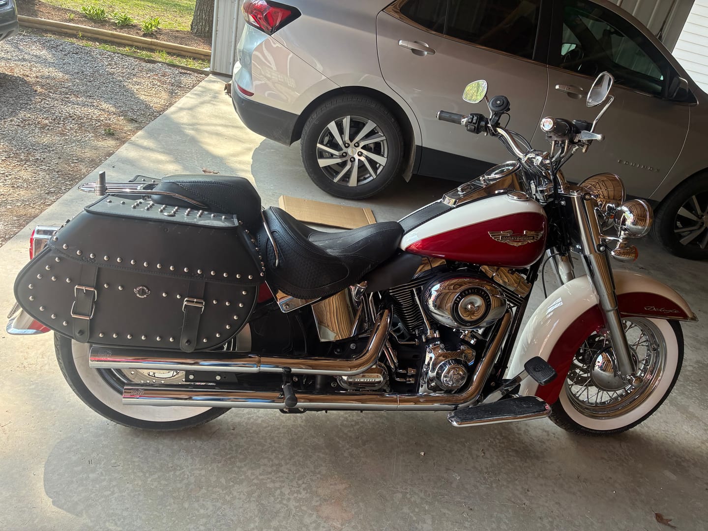 Customer photo review of 35L - Legacy Extra Large Studded Leather Motorcycle Saddlebags for Harley Softail Deluxe FLSTN/I