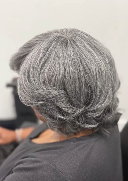 Customer photo review of Luvwin 5x5 Salt And Pepper Glueless Gray Color Pre-Cut Lace Retro Elegant Wave  Wig For Black Women