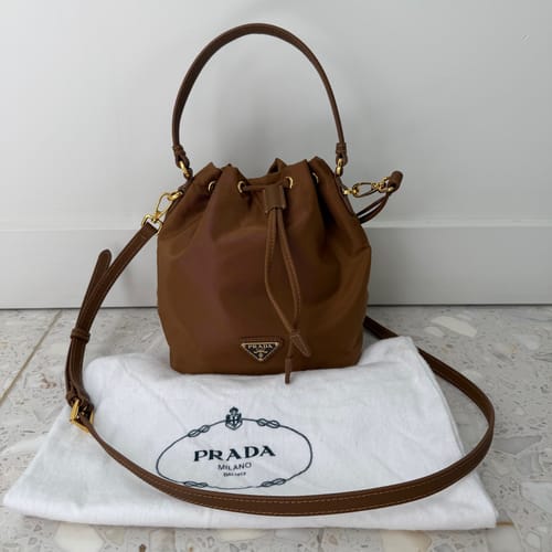 Customer photo review of BUCKET BAG 19 IN RUSSET BROWN RE-NYLON AND CALFSKIN HANDLE