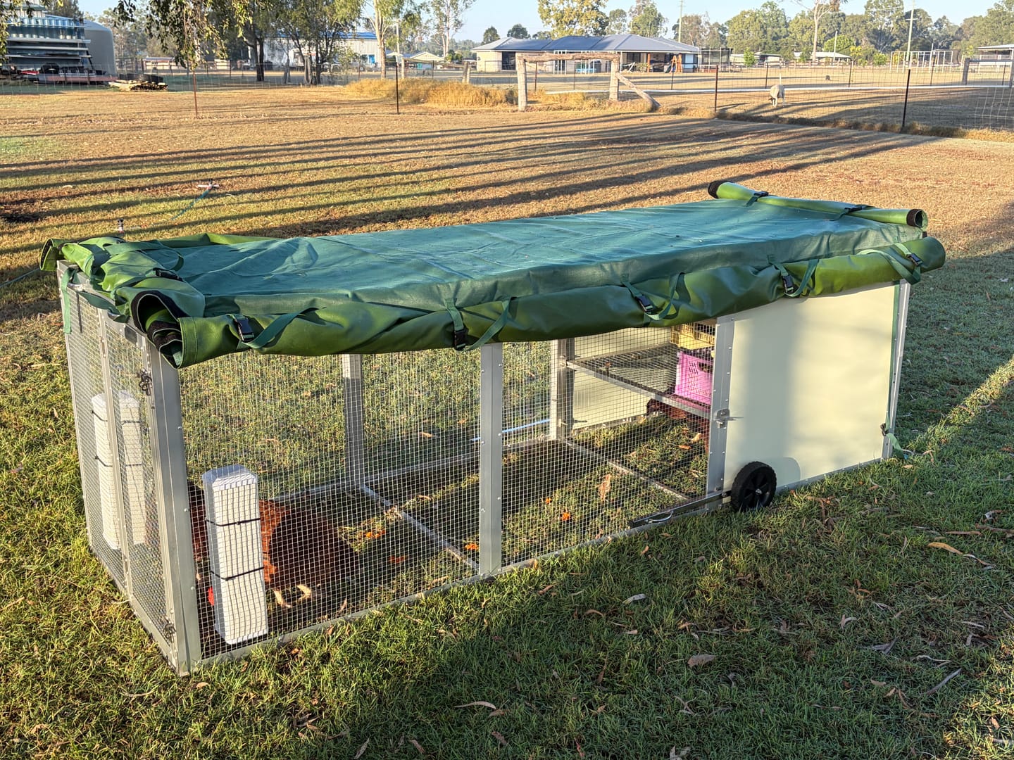 Customer photo review of 3-Panel Chicken Tractor + Mesh Floor + Canvas Cover + 2 Nesting Boxes Bundle