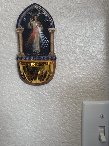 Customer photo review of Lasered Wood Holy Water Font - Divine Mercy