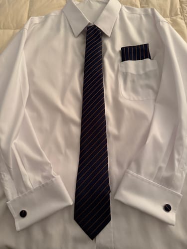 Customer photo review of Barry. Wang Light Brown Necktie Black Striped Tie Hanky Cufflinks Set