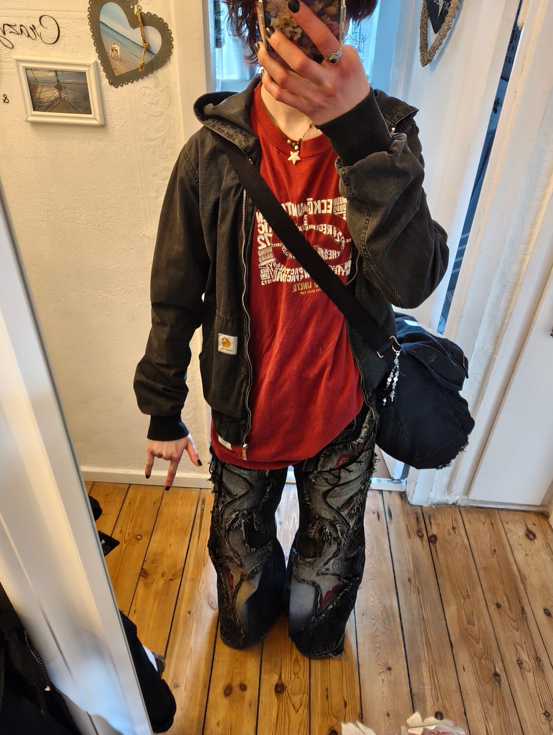 Customer photo review of Personsoul Red-Embroidered Totem Wide-Leg Denim Jeans