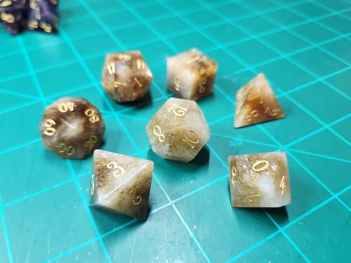 Customer photo review of URWizards D&D Citrine Gemstone Engraved Dice Set(Limited edition)
