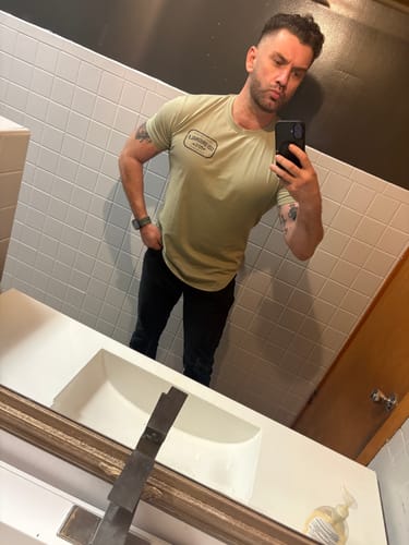 Customer photo review of LOCAL MFG DROP-CUT T-SHIRT - OLIVE GREEN