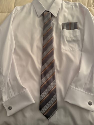 Customer photo review of Barry. Wang Grey Silver Brown Striped Tie Silk Tie Pocket Square Cufflinks Set