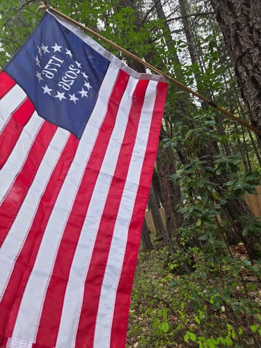 Customer's historical American flag flying on a pole in a wooded area.