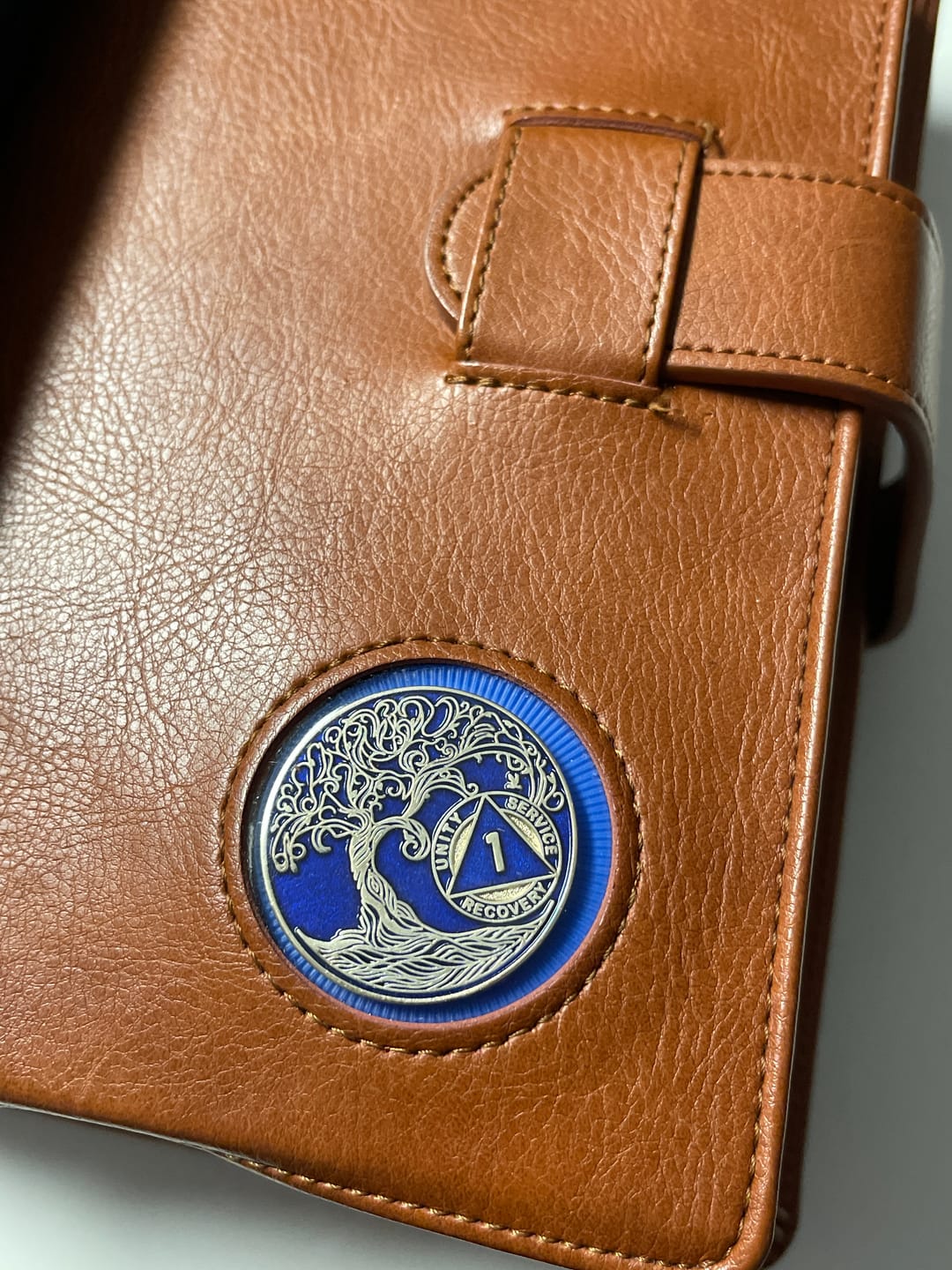 Customer photo review of 1 Year Sobriety Mint Twisted Tree of Life Gold Plated AA Recovery Medallion - One Year Chip/Coin - Blue