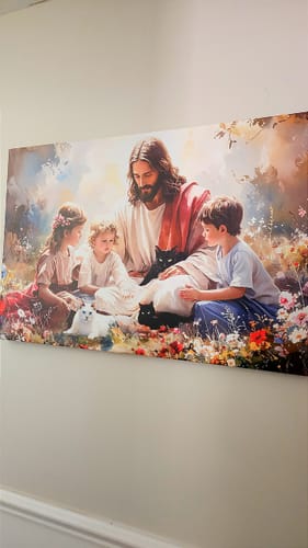 Customer's personalized Jesus With Children Faith Wall Art II, showing three cats added to the scene with Jesus and children.