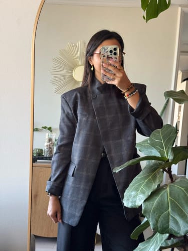 Customer photo review of Sofia Plaid Stand Collar Blazer