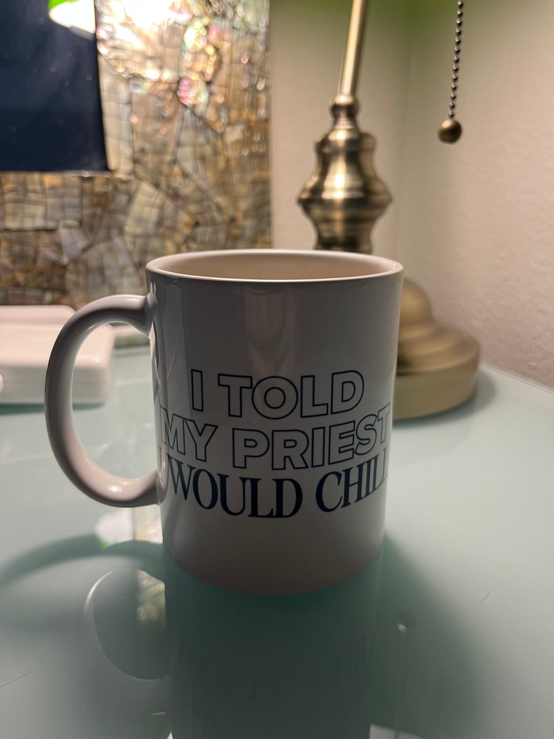 Customer photo review of I Told My Priest I Would Chill Mug