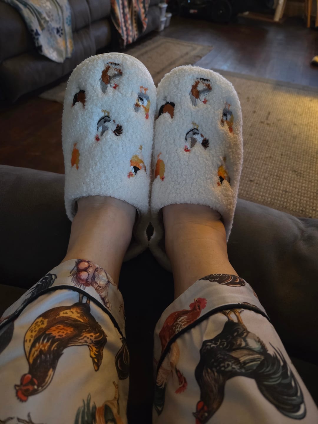 Customer photo review of Backyard Chickens Cream Slippers - Adult