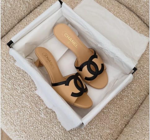 Customer photo review of Chanel 2026 Heeled Sandal Beige Black Lambskin