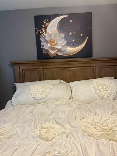 Customer's Midnight Bloom V5 wall art displayed in a bedroom above a wooden headboard.