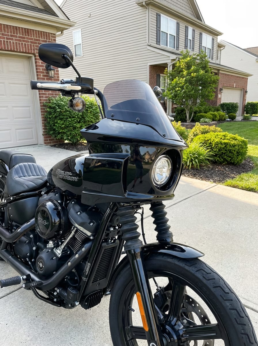Customer photo review of Viking Darkin Motorcycle Fairing for Harley Softail Street Bob FXBB Gloss Black