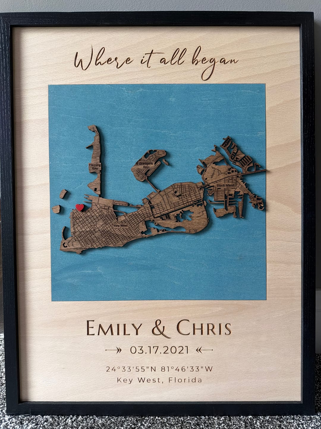 Customer photo review of Where It All Began Map in Frame | Personalized Coordinates Gift
