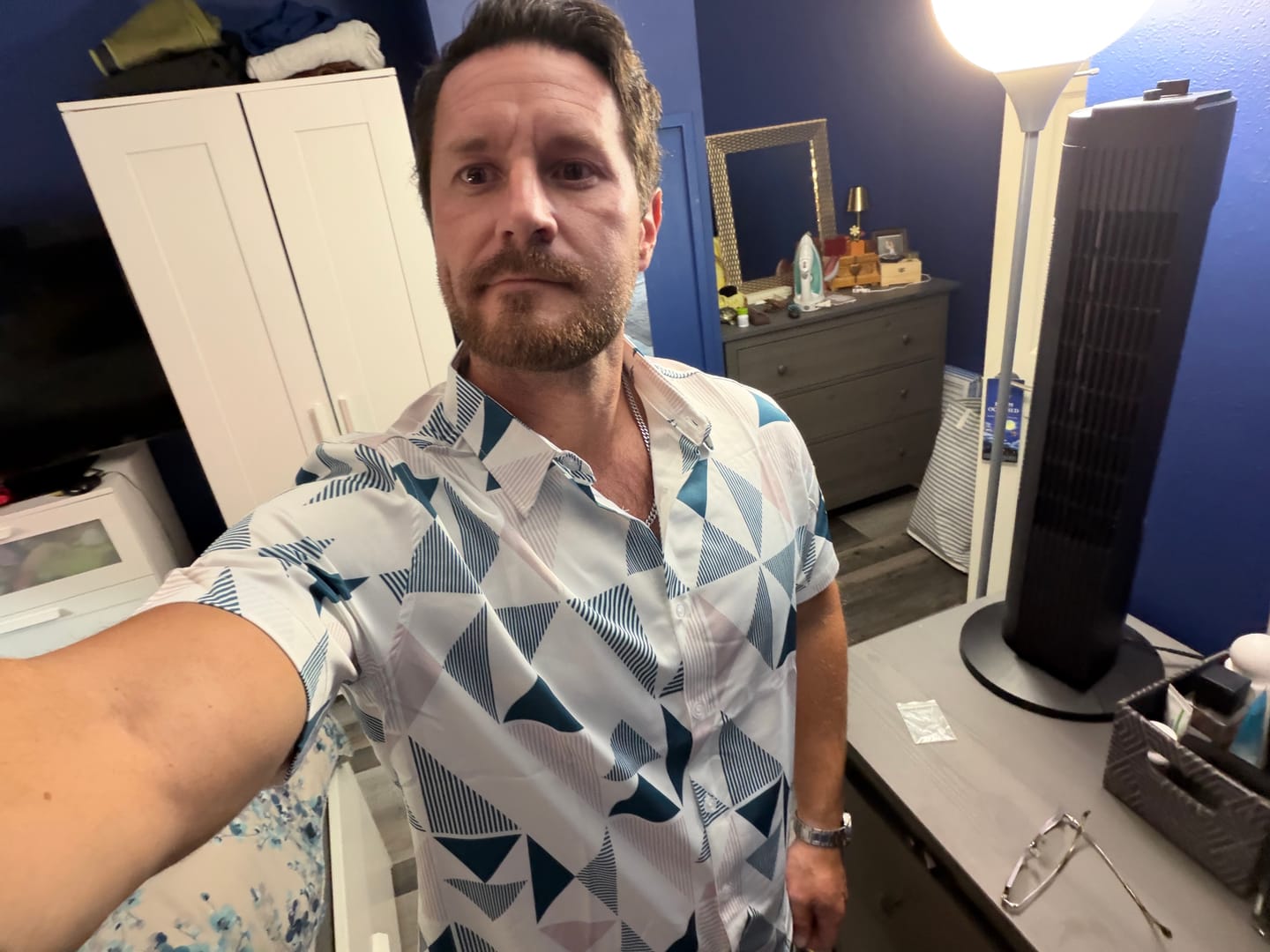 Customer photo review of Men's Casual Art Blue and White Triangle Geometric Print Short Sleeve Summer Beach Button Up Shirt
