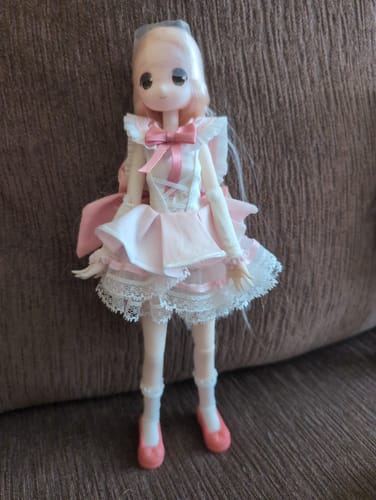 Reviewer's doll customized with a pink and white dress from the accessories set.