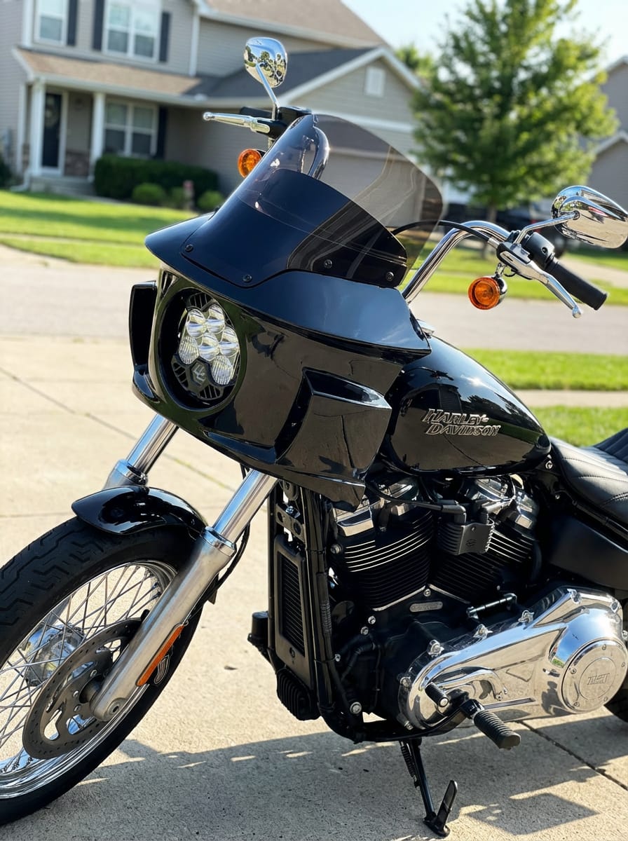 Customer photo review of Viking Darkin Motorcycle Fairing for Harley Softail Street Bob FXBB Gloss Black