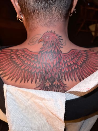 Customer displays a large red phoenix tattoo on their upper back, which they report was painless to get.