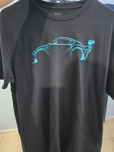 Customer's black 80Eighty DCG87 Shirt with the blue sports car graphic.