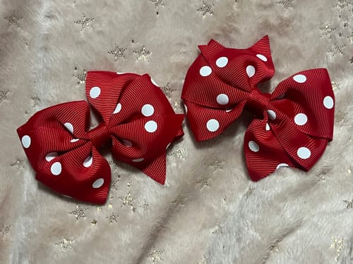 Customer photo review of Red with White Spots Hair Bows
