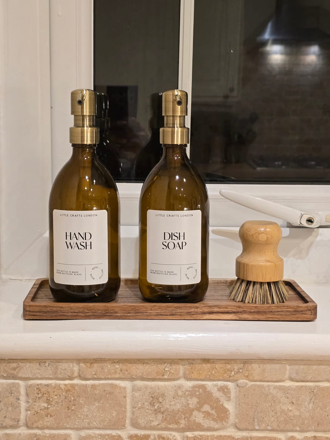 Customer photo review of Set of 2 Amber Glass Bottles 500 ML Long tray & Dish Brush
