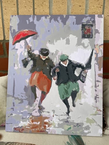 Customer's finished Happy Retirees Paint by Numbers painting of two people running in the rain, one holding a red umbrella.
