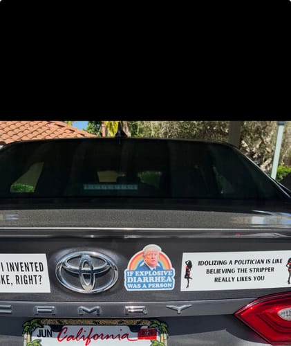 Reviewer's If Explosive Diarrhea Was A Person magnet on the trunk of their car among other stickers.