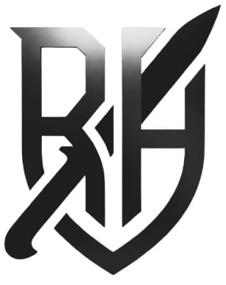 Customer's custom vinyl sticker design featuring a black 'BH' monogram within a shield, pierced by a knife.