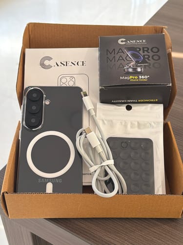 Customer's Anti Yellow Magsafe Clear Case in its box, shown with a free USB-C cable and other accessories.
