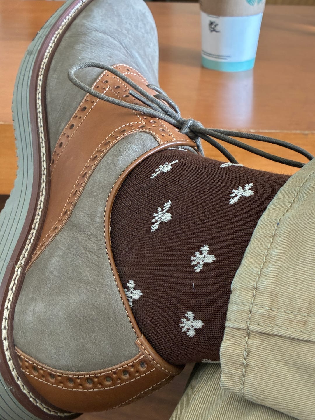 Customer photo review of Chocolate & Cream Fleur De Lis - A Chocolate Brown Sock with a Cream Fleur-De-Lis Pattern