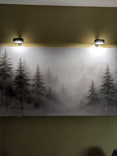 Customer's Soft Fog Forest canvas art on a living room wall, lit by two overhead spotlights.