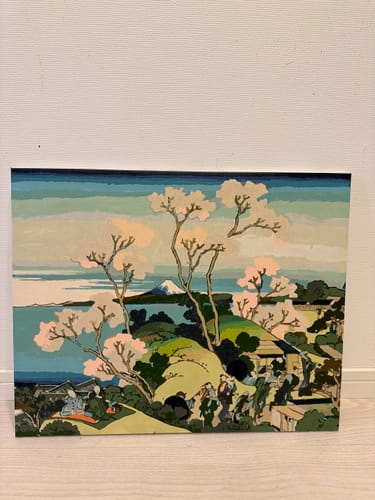 Customer's completed painting from the "Fuji from Gotenyama" paint by numbers kit, showing the final artwork on canvas.